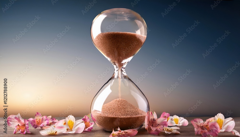 Photography An hourglass captures the essence of spring, surrounded by delicate blossoms at dusk