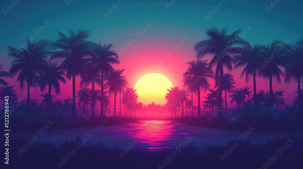 Vibrant tropical sunset with silhouetted palm trees and colorful sky reflection Vibrant tropical sunset with silhouetted palm trees and colorful sky reflection