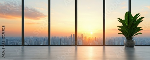 A modern loft apartment with minimalist furnishing  large glass windows offering a breathtaking cityscape view at sunset