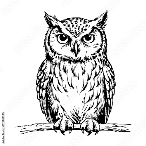 owl perched, staring at the camera, on white background