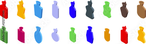 Rubber warmer icons set. Hot water bottle icons set in isometric view, showcasing various colors and styles for providing warmth and comfort