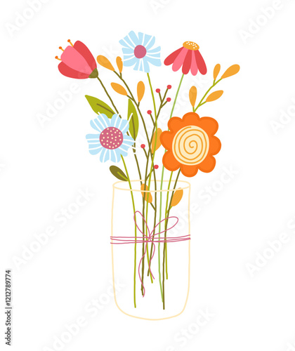 Colorful bouquet of flowers in a glass jar on a white background.