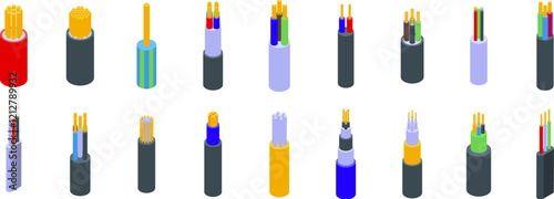 Electrical wire conductors icons set. Different types of electrical wires and cables showing copper or fiber optic cores for power and data transmission