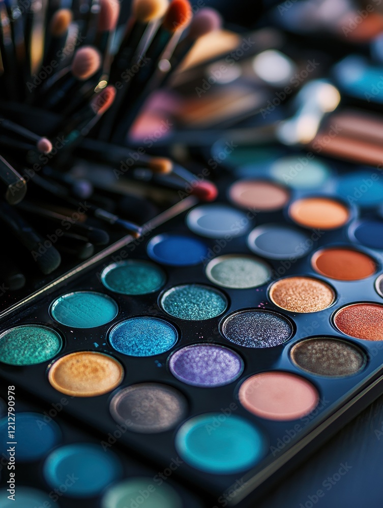 Naklejka premium Colorful makeup table with diverse products showcasing artistry and beauty routines