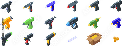 Hot melt glue icons set. Set of colorful glue gun icons in isometric projection, showcasing various designs of hot melt tools for crafting and diy projects