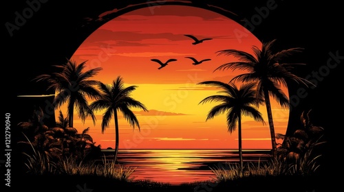 Tropical sunset with palm trees and birds silhouette over ocean horizon
