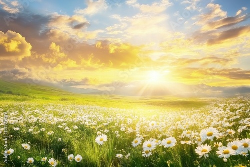 A vast expanse of chamomile flowers adorns a summer meadow in nature  basking in the warm sunshine of sunset. .