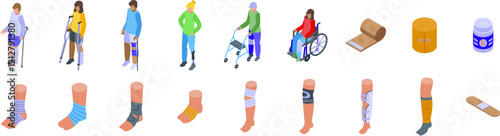 Foot bandage icons set. Patients recovering from injuries using crutches, walkers, wheelchairs, and various bandages and supports