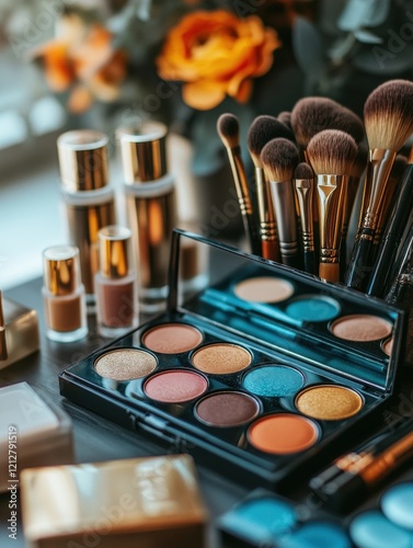 Diverse makeup products arranged neatly on a stylish table for creative beauty application