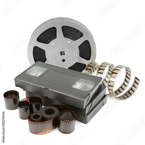 Film strip, film and videotapes isolated on white background. photo