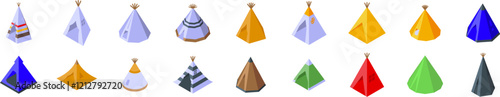 Teepee tent icons set. Collection of colorful wigwams or teepees, showcasing traditional native american dwellings in isometric view