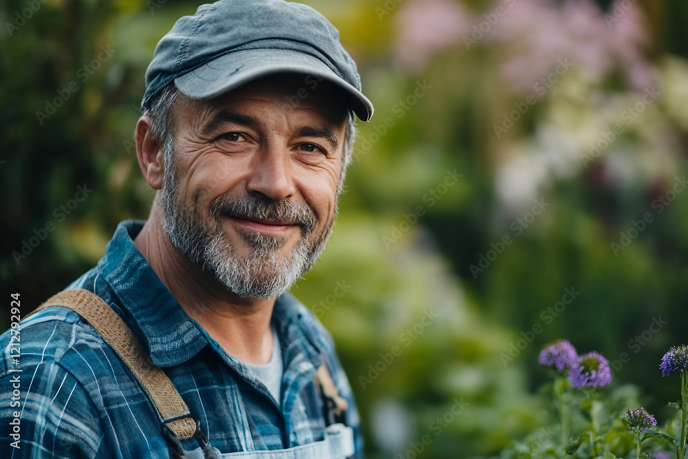 Smiling landscaping and gardening contractor in backyard garden generative ai Smiling landscaping and gardening contractor in backyard garden generative ai