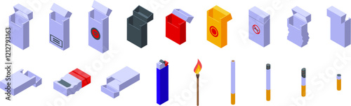 Empty pack cigarettes icons set. Different smoking elements including cigarettes, packs and lighters are presented in isometric view, depicting various stages and states