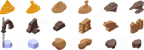 Desert stones icons set. Isometric rock formations showcasing diverse shapes and textures, ideal for geology projects or nature themed designs