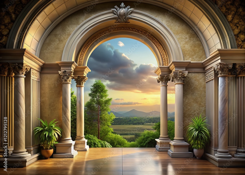 Fototapeta premium Antique Arch Portal, Classic Columns, Room Interior, Copy Space