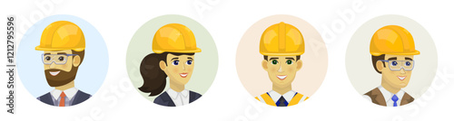 Portraits of builders and engineers in construction helmets vector illustration
