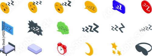 Zzz sleep snore icons set. Isometric icons representing sleep, including emojis, alarm clock, bed, pillow, sleep mask, moon and stars