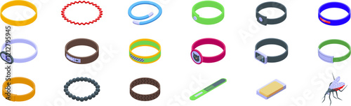 Mosquito repellent bracelet icons set. Different types of repellent bracelets protecting from insects and mosquitoes bites during summer holidays and outdoor activities