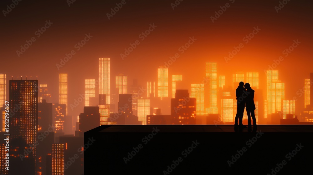 A cinematic shot of a couple hugging on a rooftop with a glowing cityscape in the background, creating a modern love story vibe A cinematic shot of a couple hugging on a rooftop with a glowing cityscape in the background, creating a modern love story vibe