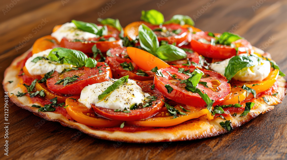 Gourmet pizza with thin crust topped with fresh tomatoes, basil, and cheese, showcasing vibrant colors and textures. Perfect for food lovers and culinary enthusiasts Gourmet pizza with thin crust topped with fresh tomatoes, basil, and cheese, showcasing vibrant colors and textures. Perfect for food lovers and culinary enthusiasts