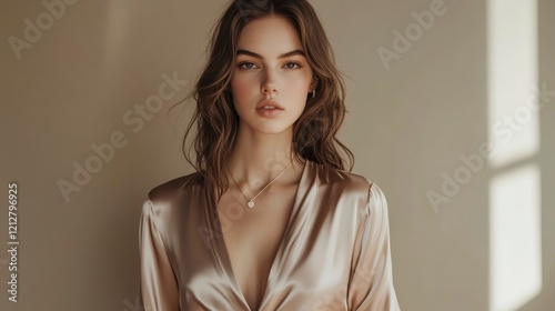 A chic female model photographed from the waist up, dressed in a Mocha Mousse satin blouse with a deep neckline