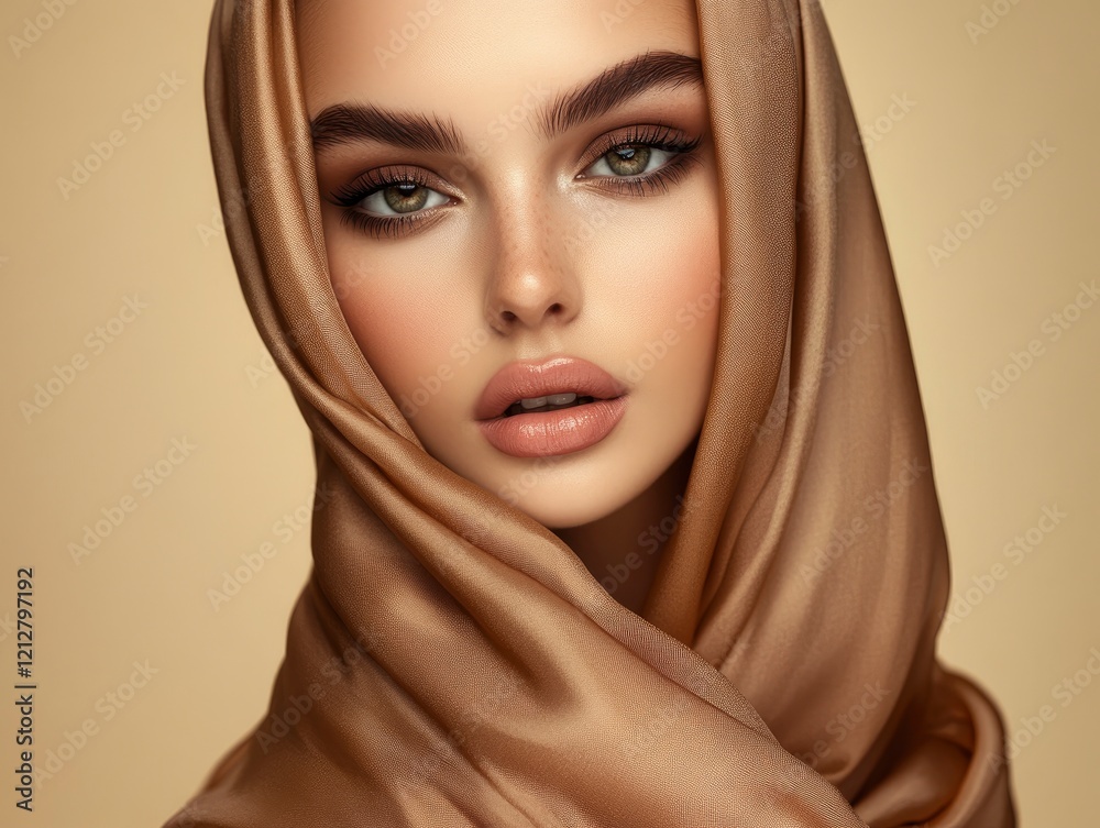 A close-up studio portrait of a stunning female model wearing an intricate Mocha Mousse silk scarf, smoky eyes and puffy lips