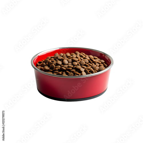 Dry pet food in a red metal bowl, photo from the side,  isolated on a transparent background