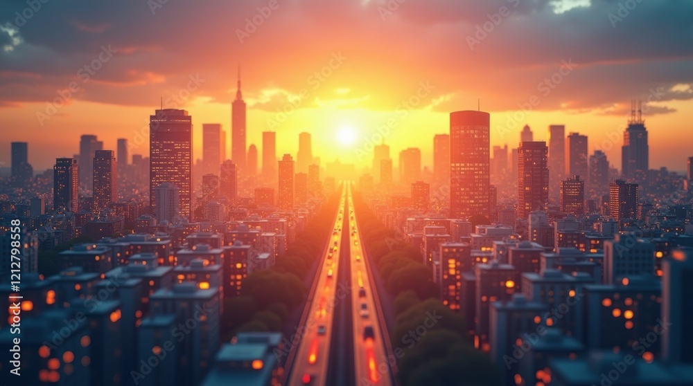 Fototapeta premium Sunset over skyline daylight saving time transition in urban environment aerial view dynamic city life