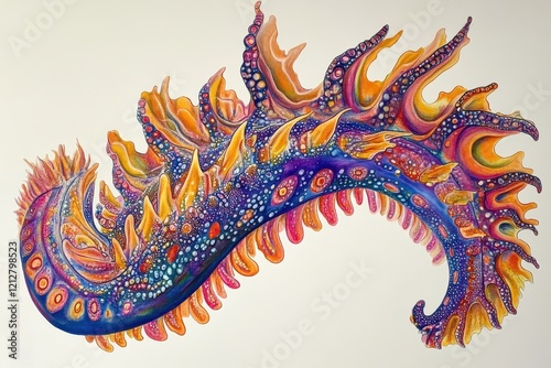 A Vibrant Sea Slug with Intricate Tentacles .A vibrant painting depicting a sea creature, showcasing a blend of colors and artistic expression in marine life. photo