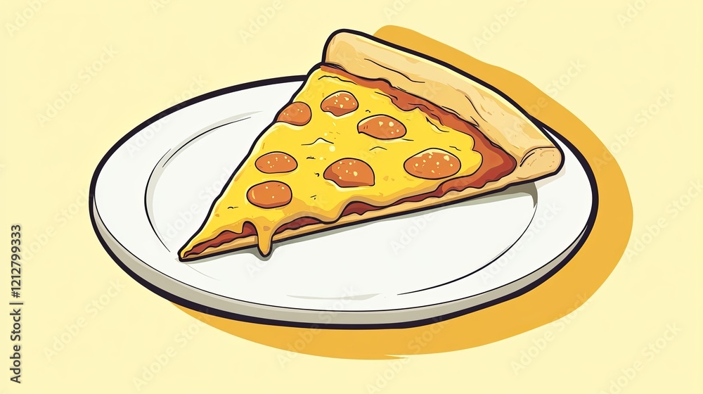 A single pizza slice placed on a round, white plate for National Pizza Day. picture A single pizza slice placed on a round, white plate for National Pizza Day. picture