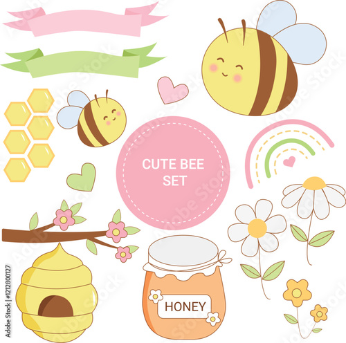 set of cute bee illustration designs. Honey. daisy. set of party.

