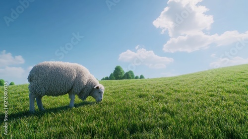 Sheep Grazing on a Sunny Meadow