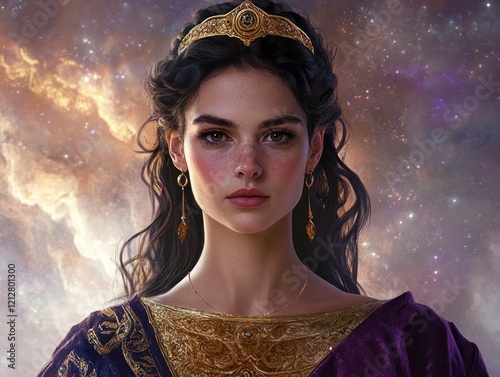 A majestic and regal waist-up portrait of Hera, the Greek goddess of marriage and family
