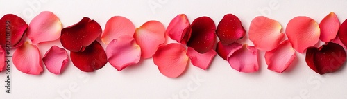 A beautiful array of pink and red rose petals arranged elegantly on a white background.