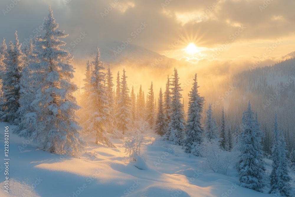 Sun shining through snow covered trees on a mountainside creating a beautiful winter wonderland Sun shining through snow covered trees on a mountainside creating a beautiful winter wonderland