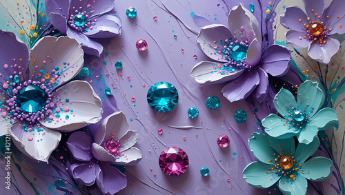 Light Purple and Aquamarine Abstract Painting with Gemstones, Pointillist Flowers, and Expressive Palette Knife Textures in a Close-Up, Artistic Style photo