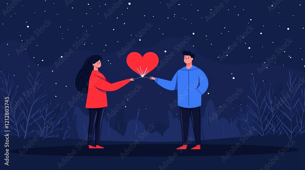 Obraz premium A couple sharing a sparkling heart under a starry night sky, showcasing love and connection.