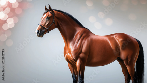 An isolated image of a red English thoroughbred horse standing up on a white background photo