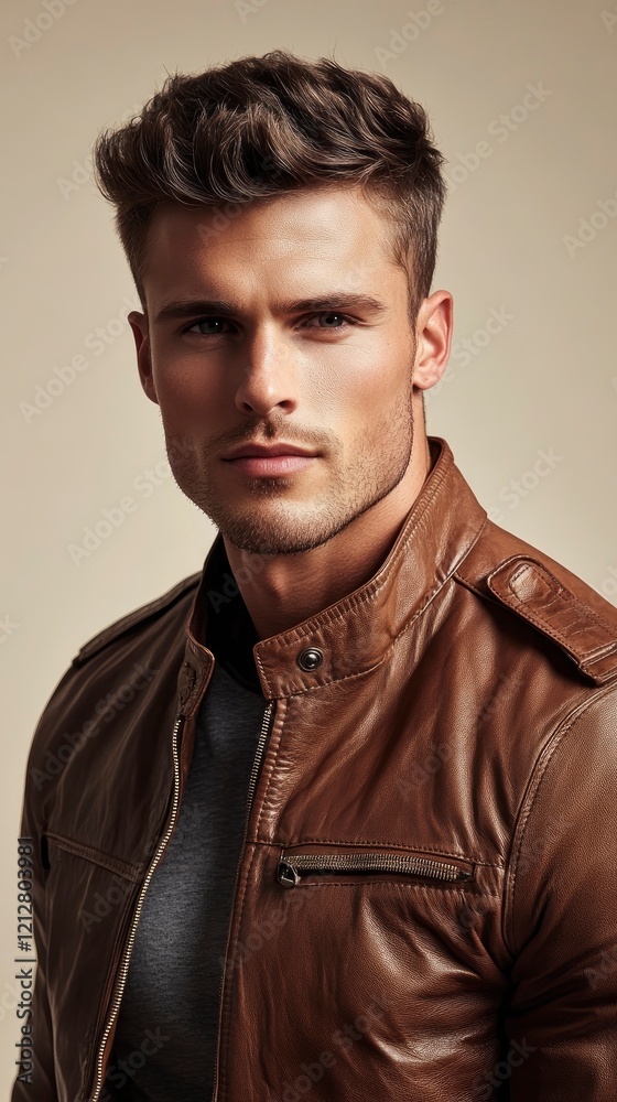 A sharp, high-quality close up portrait of a handsome male model in a Mocha Mousse colored leather jacket A sharp, high-quality close up portrait of a handsome male model in a Mocha Mousse colored leather jacket