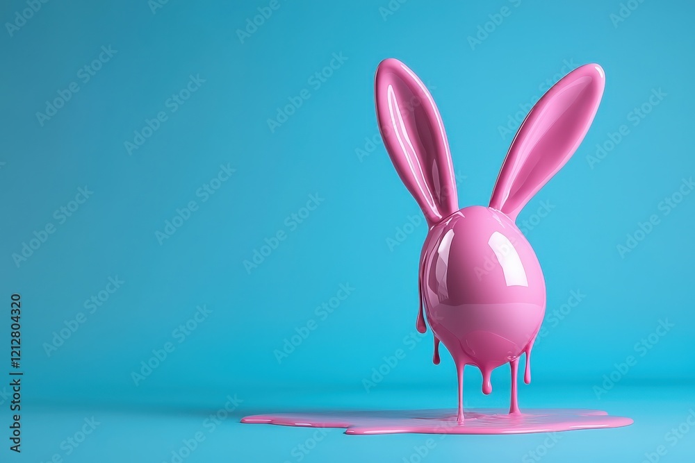 Fototapeta premium Rabbit ears easter egg floating down it pours pastel pink color dripping, light blue background.