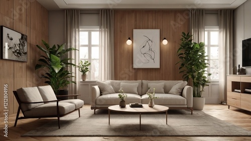 Minimalist Empty Living Room with Light Wooden Flooring and Neutral-Toned Furniture
