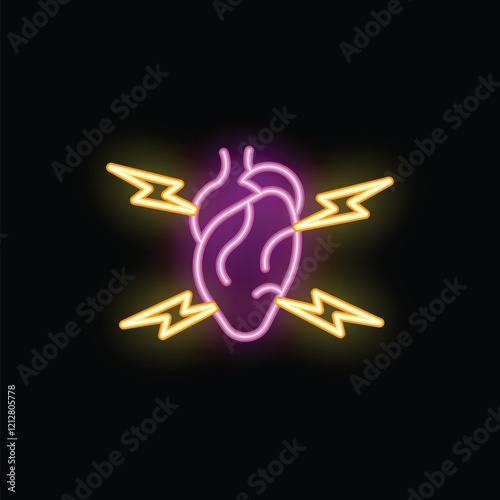 Bright neon heart with electric shocks and lightning surrounding it, representing cardiovascular diseases and heart attacks