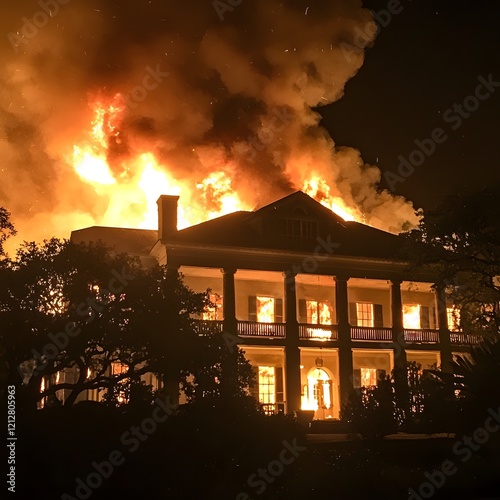 Night fire engulfing historic mansion;  trees silhouette flames; potential use news photo