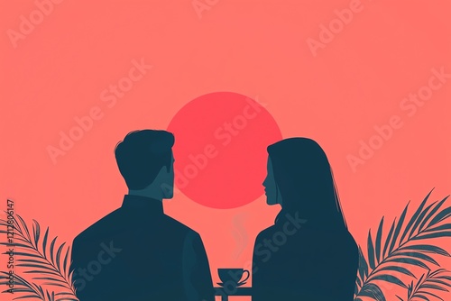 A romantic silhouette of a couple enjoying sunset views with a cup of coffee. photo