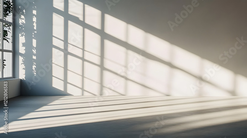Sunlight casts window shadows on a minimalist white wall and floor. background backdrop banner image with window for online presentations and zoom meetings idea for copy space