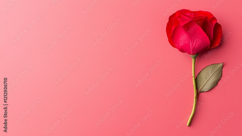 Fototapeta premium A single red rose against a soft pink background, symbolizing love and beauty.