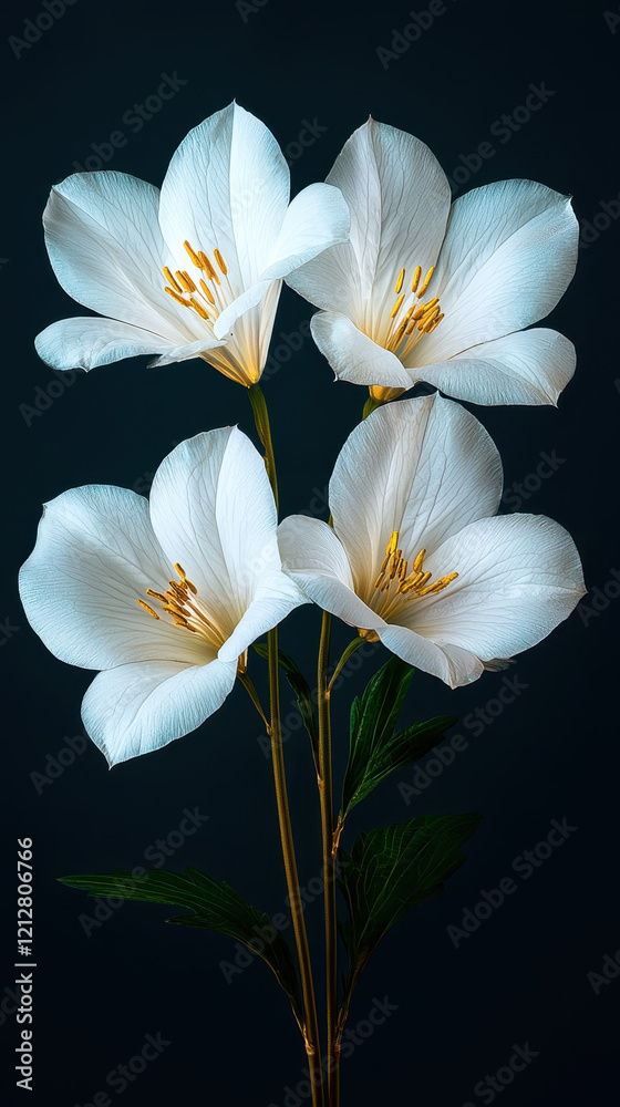 Fototapeta premium Freshly bloomed white flowers with vibrant yellow stamens on dark background