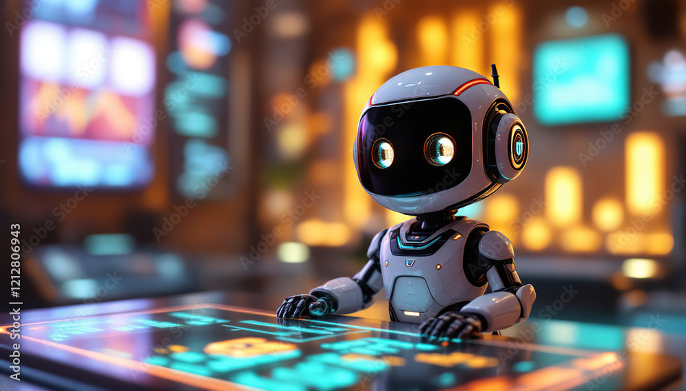 Adorable Robot Interacting With Futuristic Technology Adorable Robot Interacting With Futuristic Technology