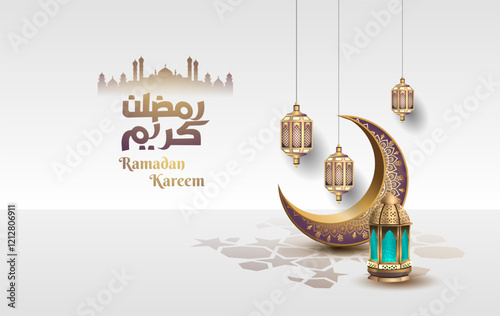 islamic greetings ramadan template design with islamic decoration lanterns and crescent moon