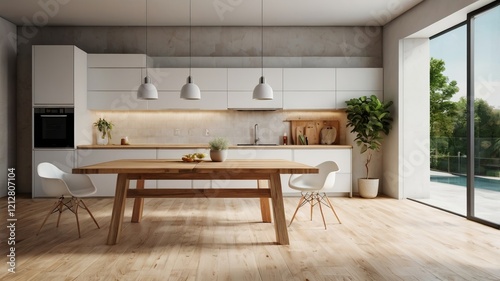 Wooden Light Tabletop in Modern White Kitchen     Clean and Minimalist Interior Design